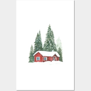 Christmas winter trees with red house. Posters and Art